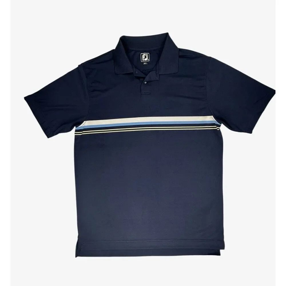 Footjoy FJ Men's Golf Polo Casual Shirt Size Large Navy Blue Stripe Athletic Fit